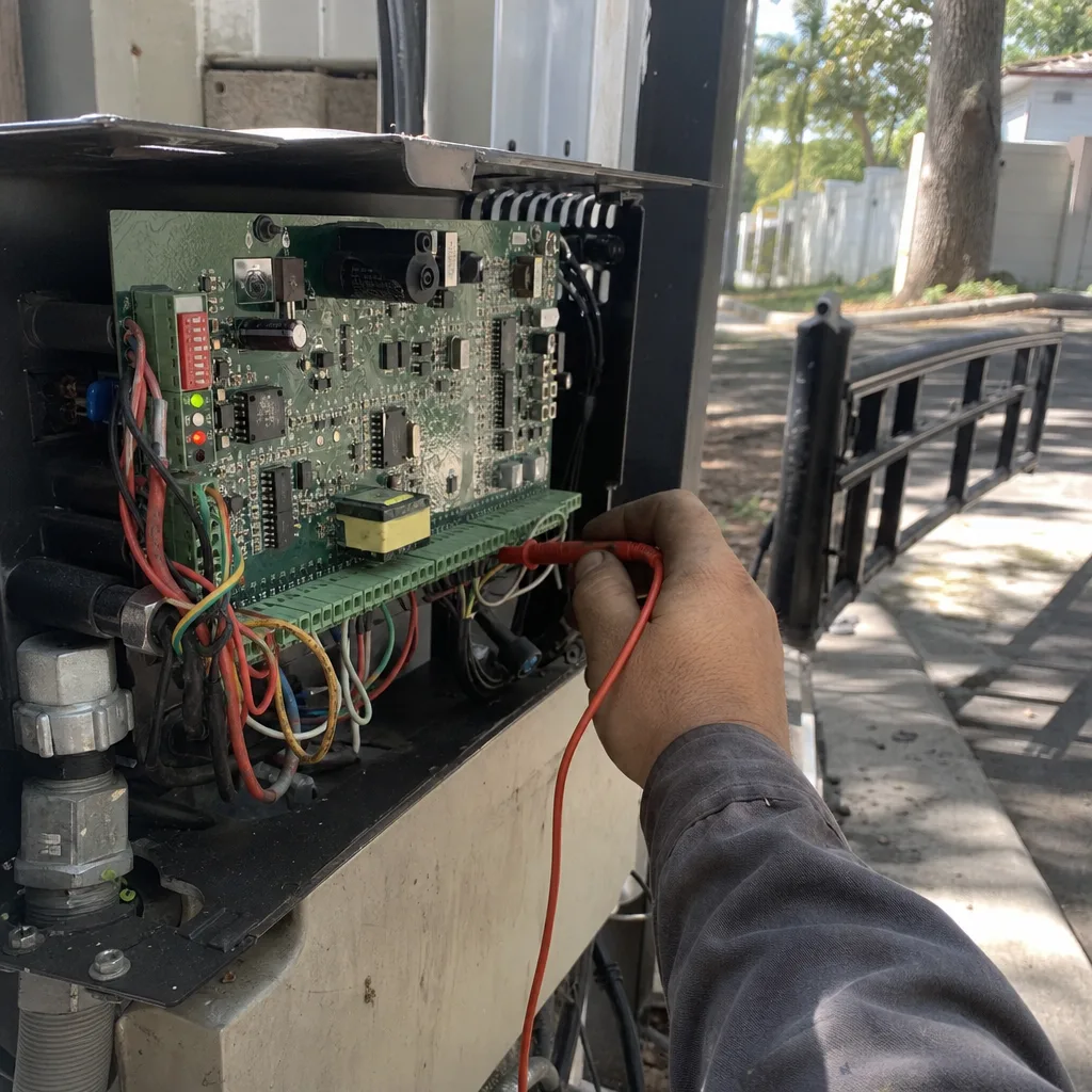 Technician performing professional electric gate circuit board repair