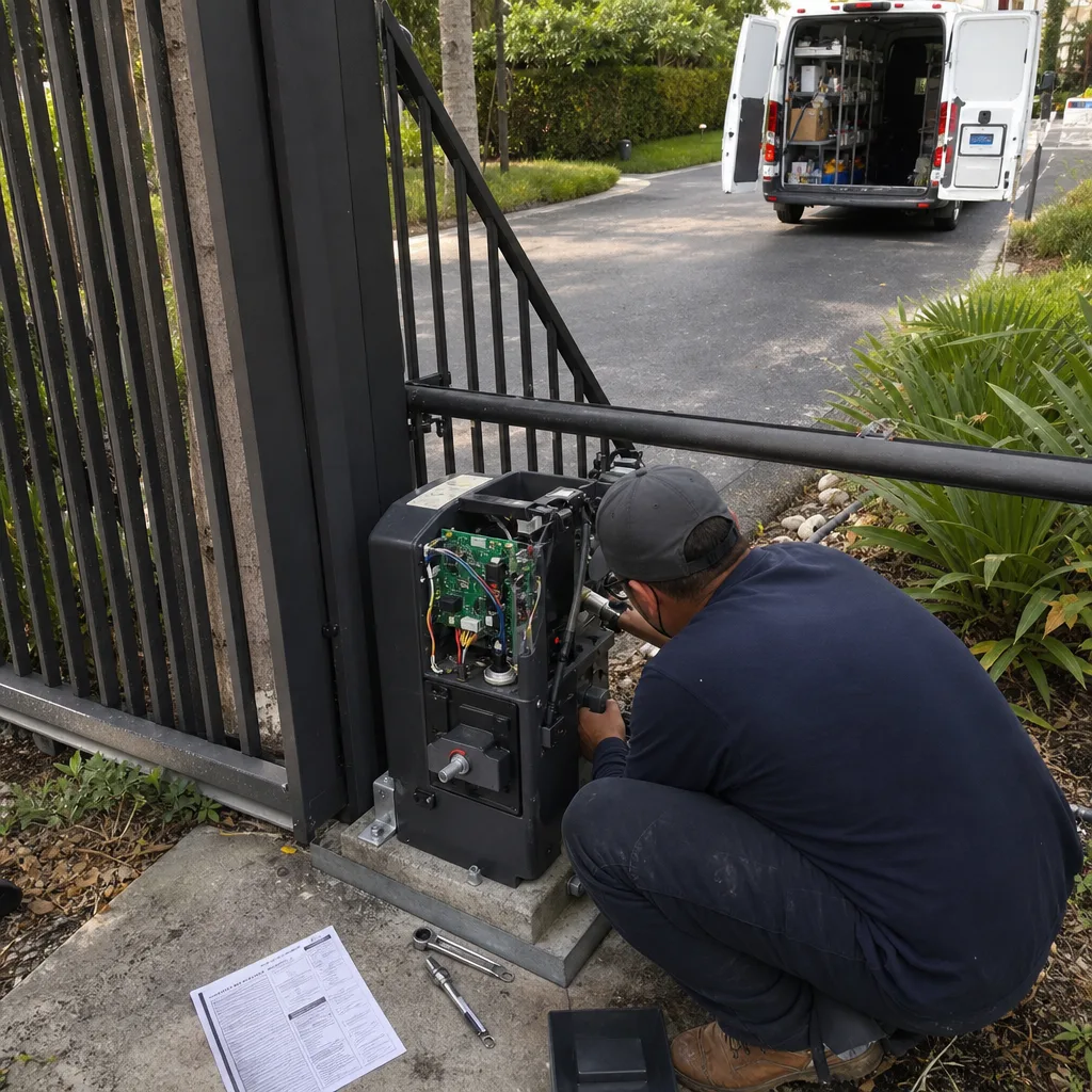 Technician performing professional electric gate repair and maintenance on site.