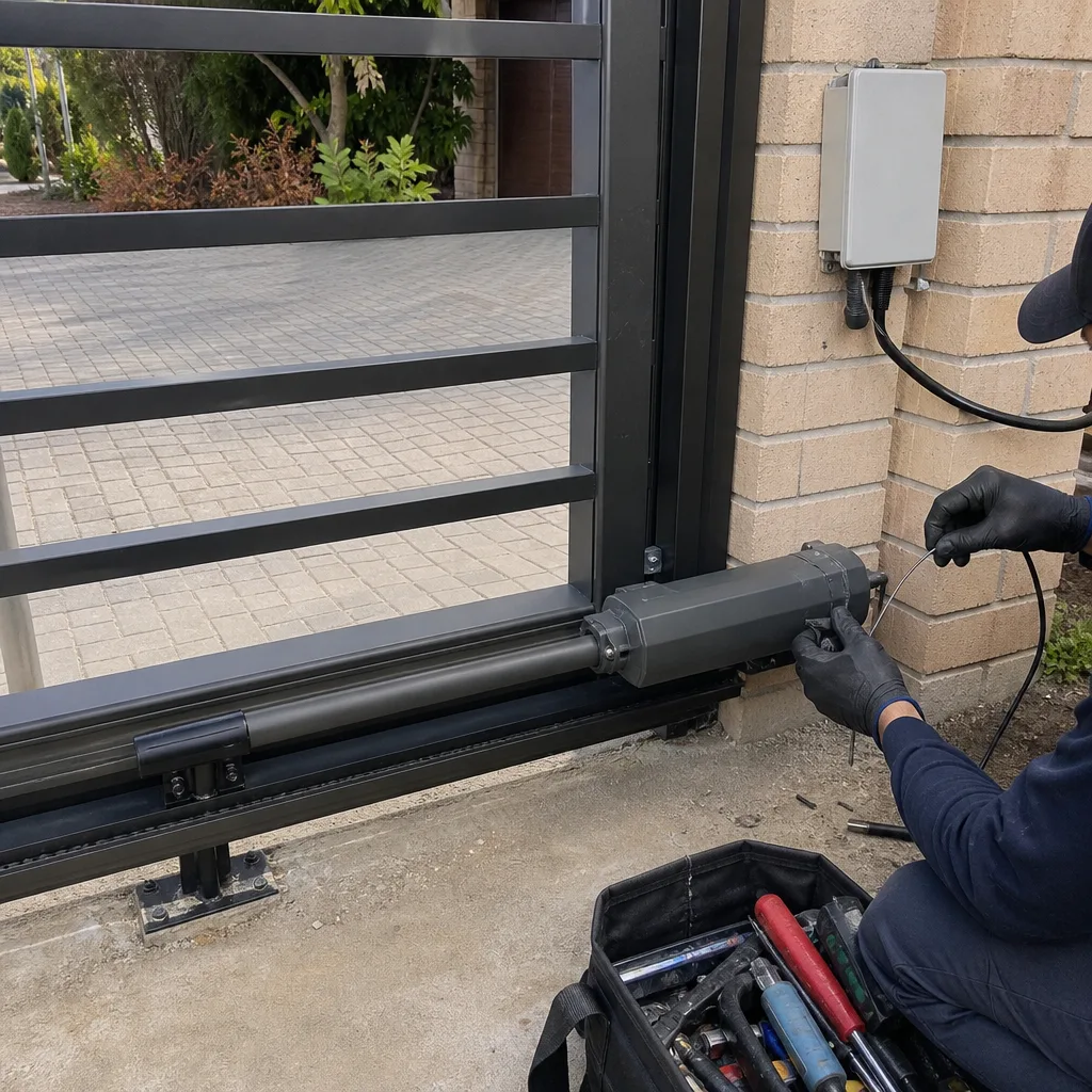 Technician performing electric gate motor repair and maintenance