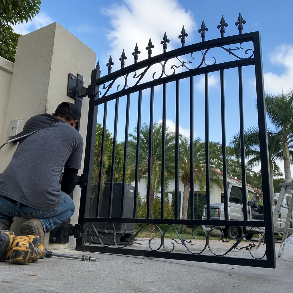 Professional technician installing a black wrought iron gate on a driveway.