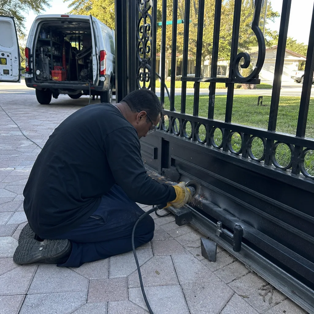 Technician performing metal gate repair with an angle grinder