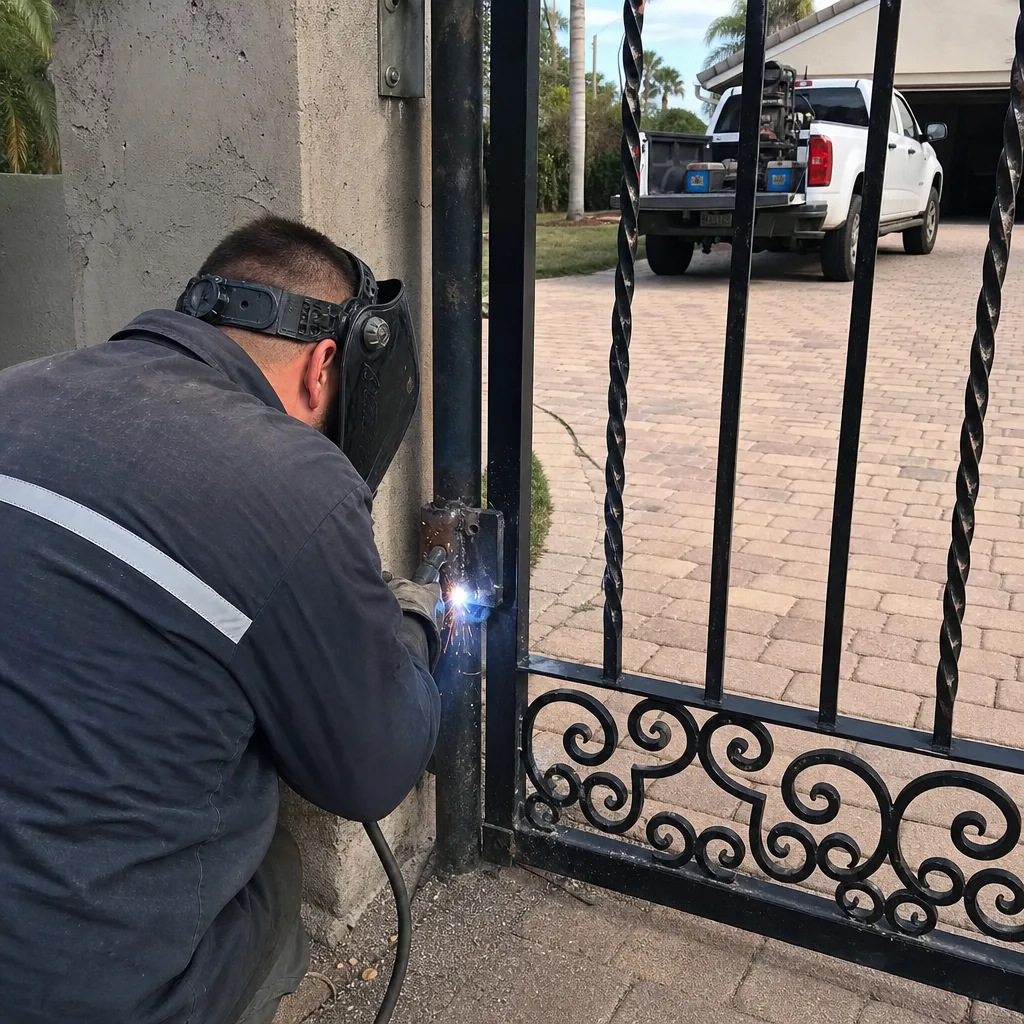 Professional welder performing onsite residential gate repair